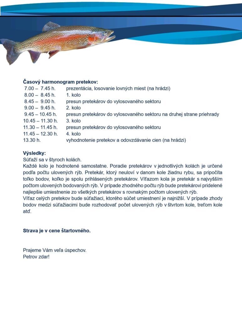 Rybárske preteky na prívlač 19.9.2026 VN Brezová pod Bradlom uzávierka 16.09.2026